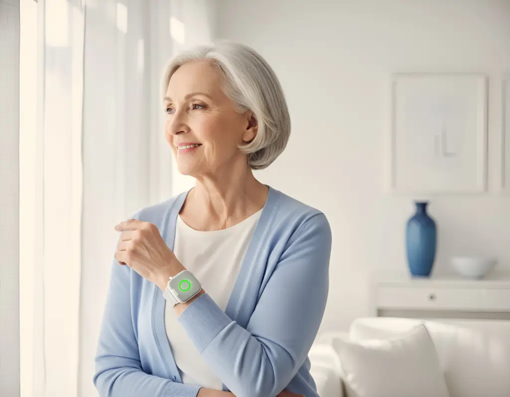 Spokojená seniorka v domácím prostředí má nasazené diskrétní tísňové tlačítko Novo Go na zápěstí.