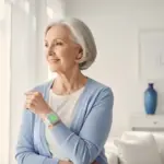 Spokojená seniorka v domácím prostředí má nasazené diskrétní tísňové tlačítko Novo Go na zápěstí.