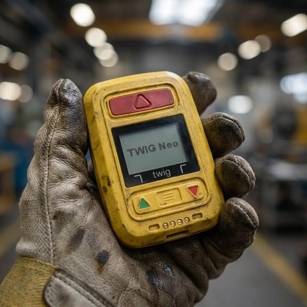 Ochrana osamocených pracovníků - Pracovník v průmyslu drží v ruce žluté bezpečnostní TWIG Neo EXO SOS zařízení Multitone pro ochranu osamocených osob a detekci pádu.