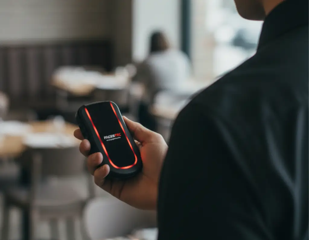 Číšník v restauraci používá nový pagingový systém Trackstaff V3 pro rychlou komunikaci
