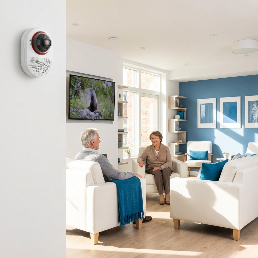 Moderní společenská místnost v domově pro seniory s diskrétní AI dohledovou kamerou na zdi a systémem sestra-pacient.