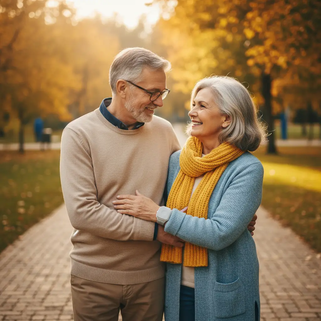 Aktivní senior (žena) procházející se v parku, usmívající se, má na zápěstí mobilní tísňové tlačítko NOVO Go od firmy Multitone CZ.