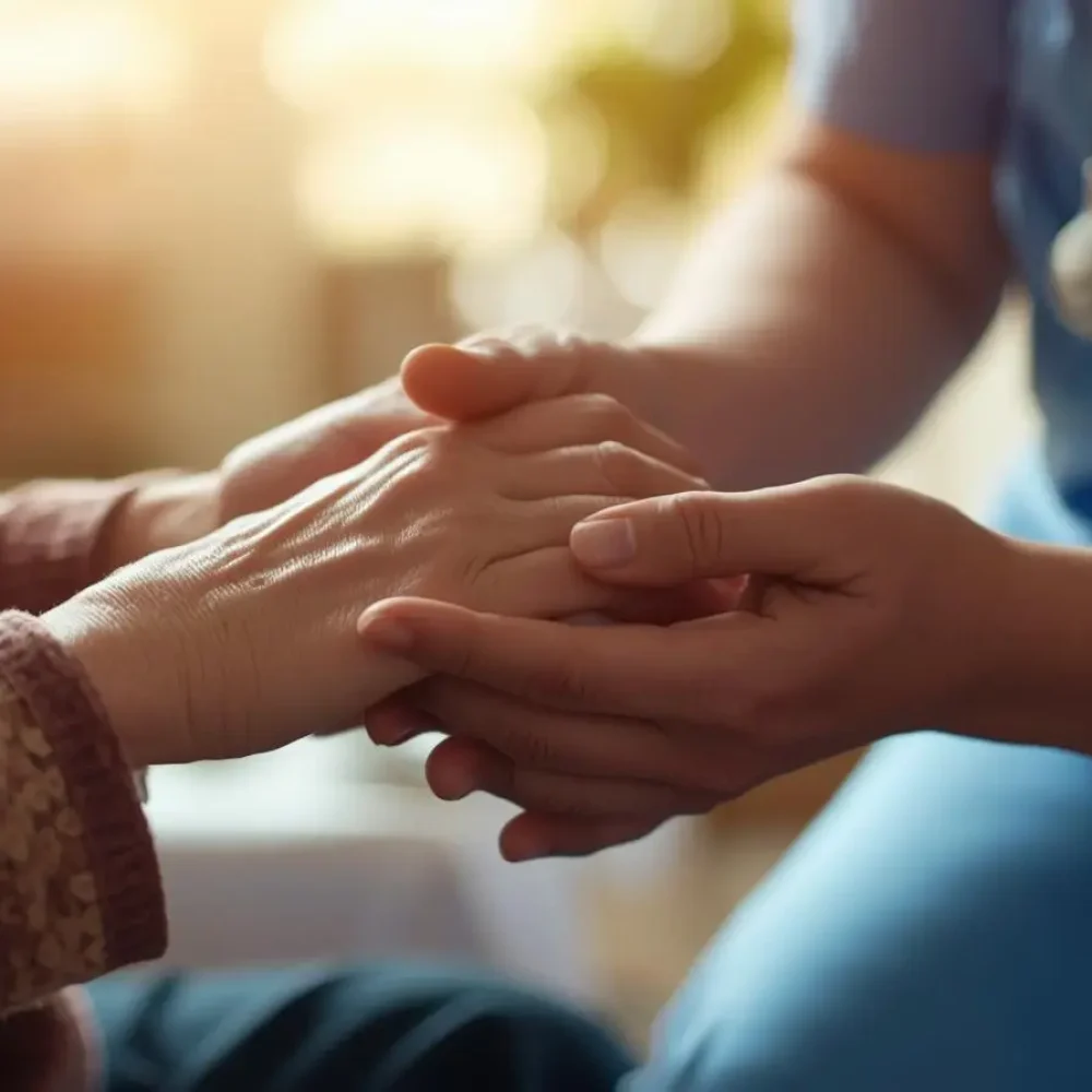 Detailní záběr na ruce zdravotní sestry, jak jemně a konejšivě drží ruce seniorky. Symbolizuje péči, jistotu a bezpečí, které zajišťuje systém sestra-pacient Multitone.